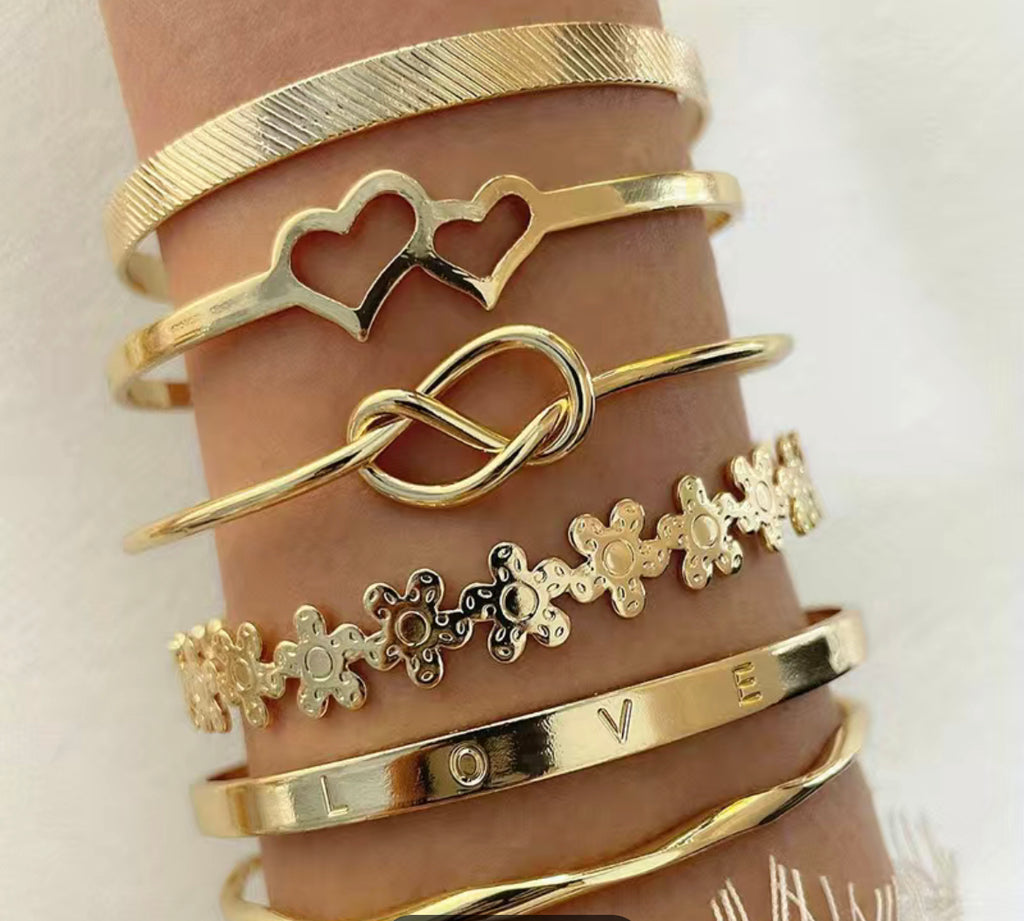 6pcs/Set Luxury Style Heart Flower Love Knotted Middle East Style Bracelet Bangle Golden Color